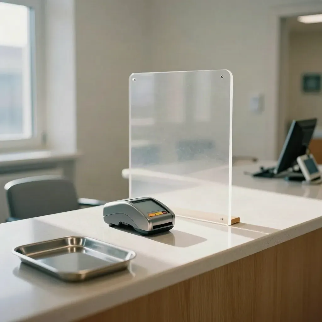 Clinic counter with shield, card terminal, tray and chair edge in a bright lobby.