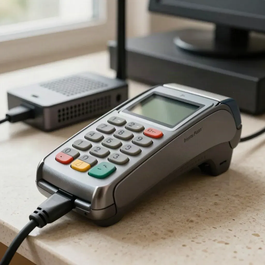 Macro of a card terminal, SIM router, NFC puck and metal charger on travertine.