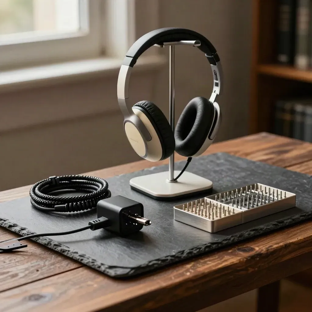 Headset stand, cable organiser, charger and reset-pin tray on a support bench.