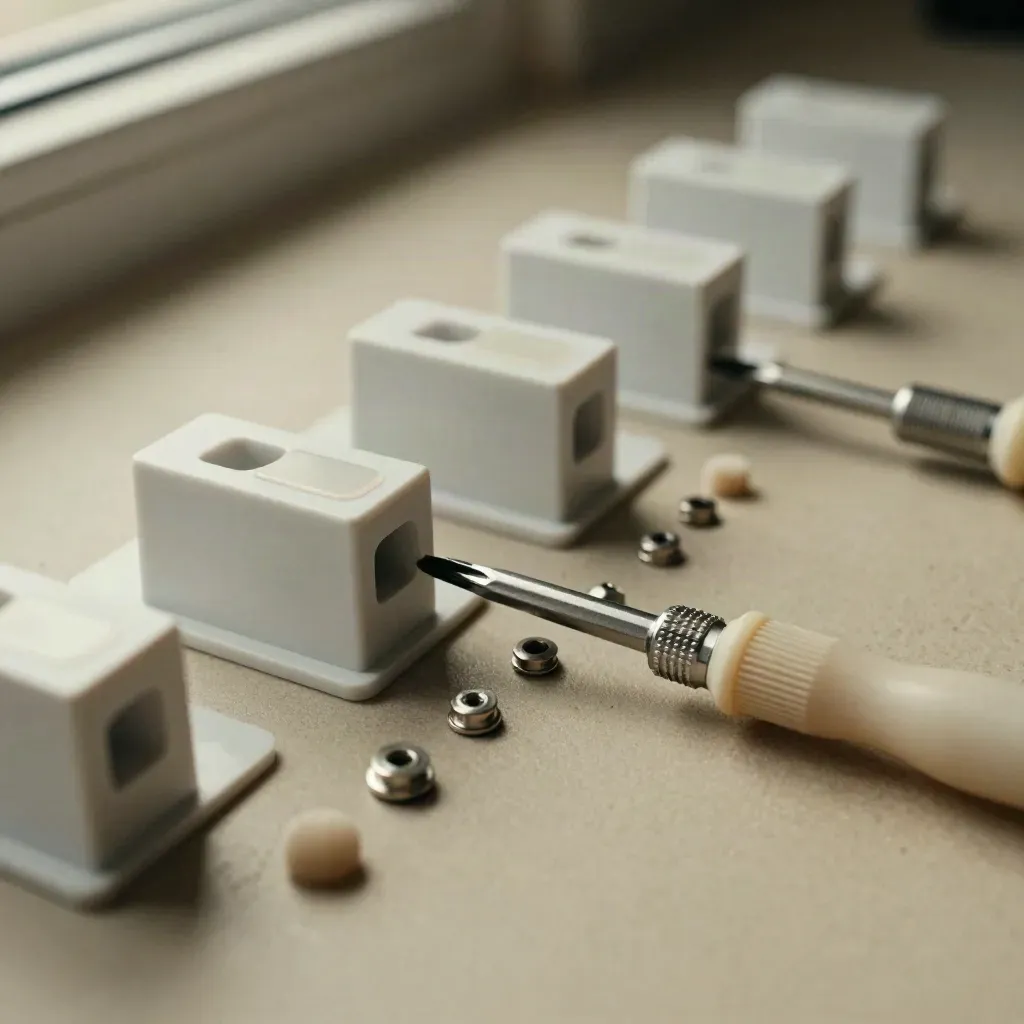 Terminal mounts, cable clips, and a screwdriver set on a pale khaki work surface.