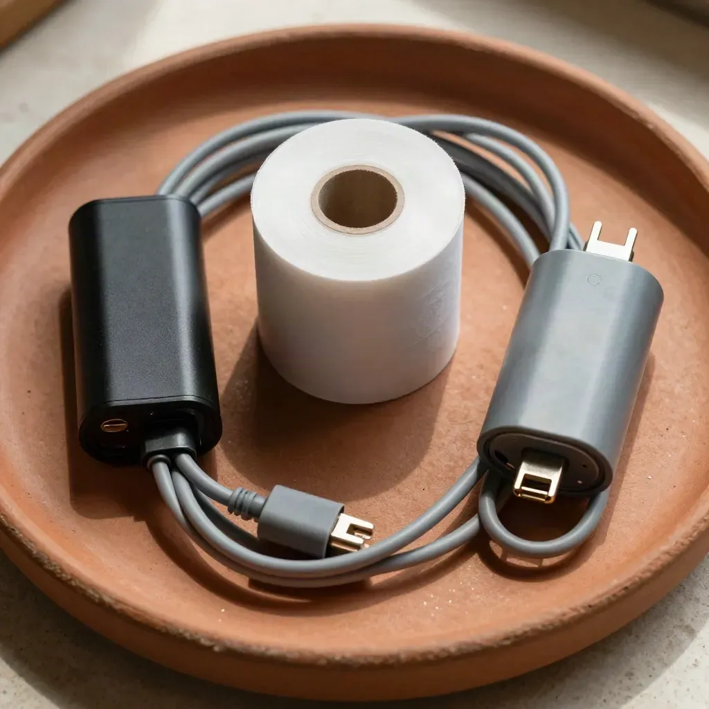 Top-down dispatch kit with receipt roll, battery pack, terminal shell and coiled leads on terracotta.