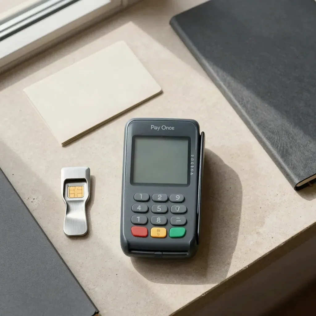 Overhead flatlay of a payment terminal, SIM tray tool, card sleeve and notebook on pale stone.