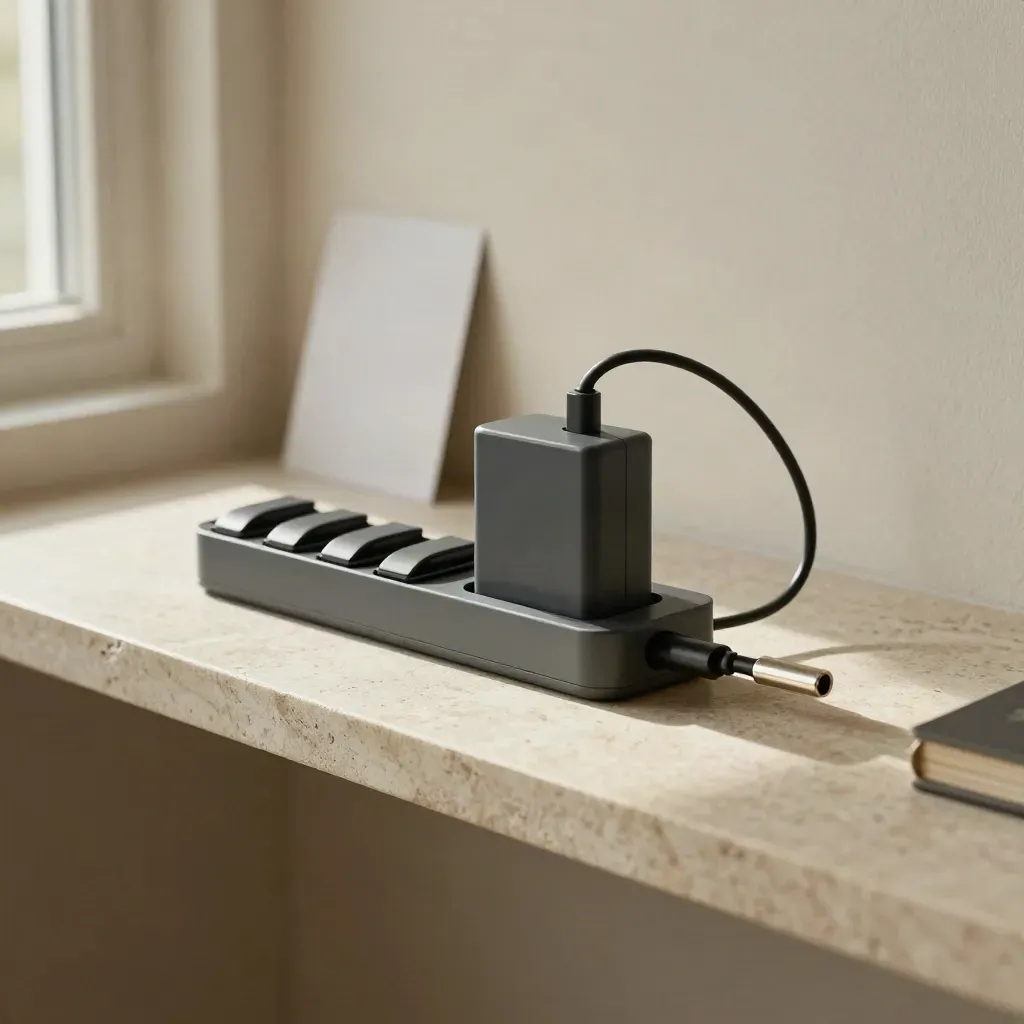 Payment terminal cradle with charging parts on a pale stone shelf in soft side light.