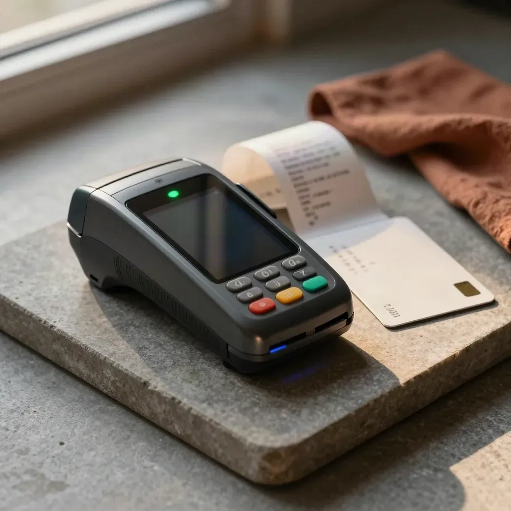 Low-angle tray still life of a payment terminal, debit card, receipt curl and green approval light.