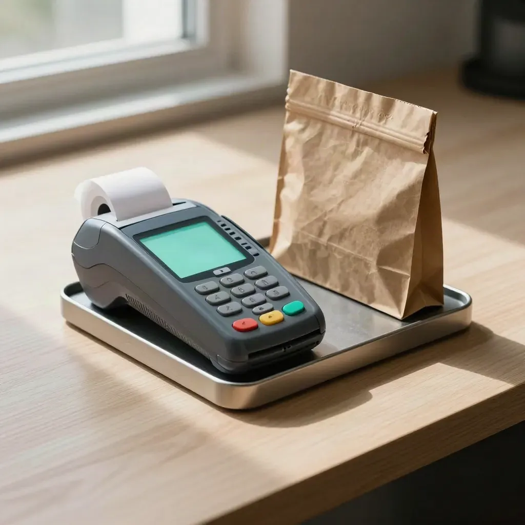 Compact payment terminal, dock, receipt roll and sealed pouch on pale wood