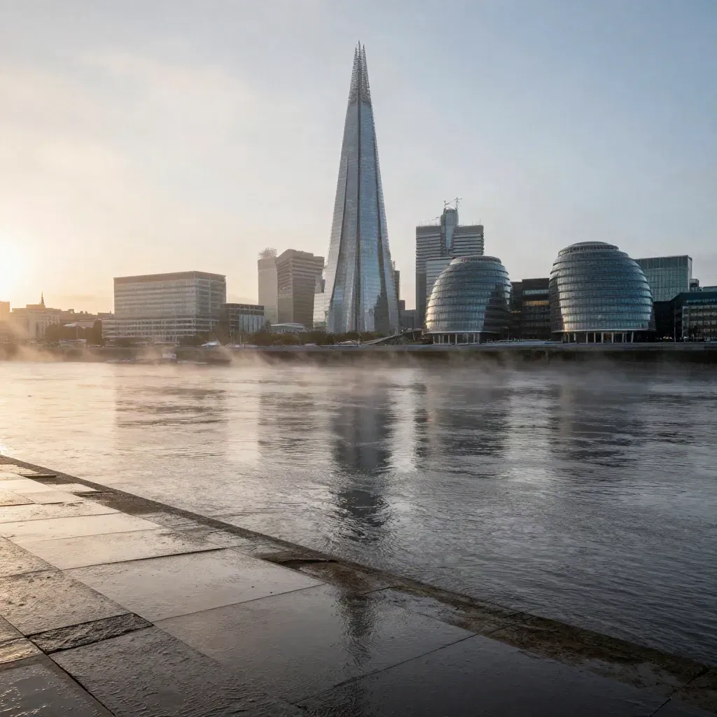 Shard and South Bank skyline above the Thames at sunrise with mist and wet stone