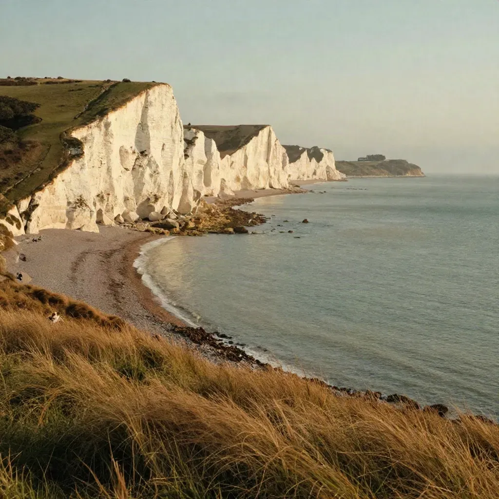 Brighton coast and the South Downs glowing at golden hour above a calm hazy foreground.