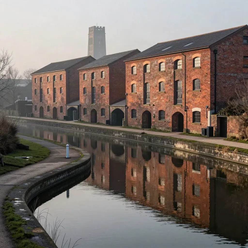 Midlands canal bend at dawn with brick warehouses, distant tower, and calm misty water.