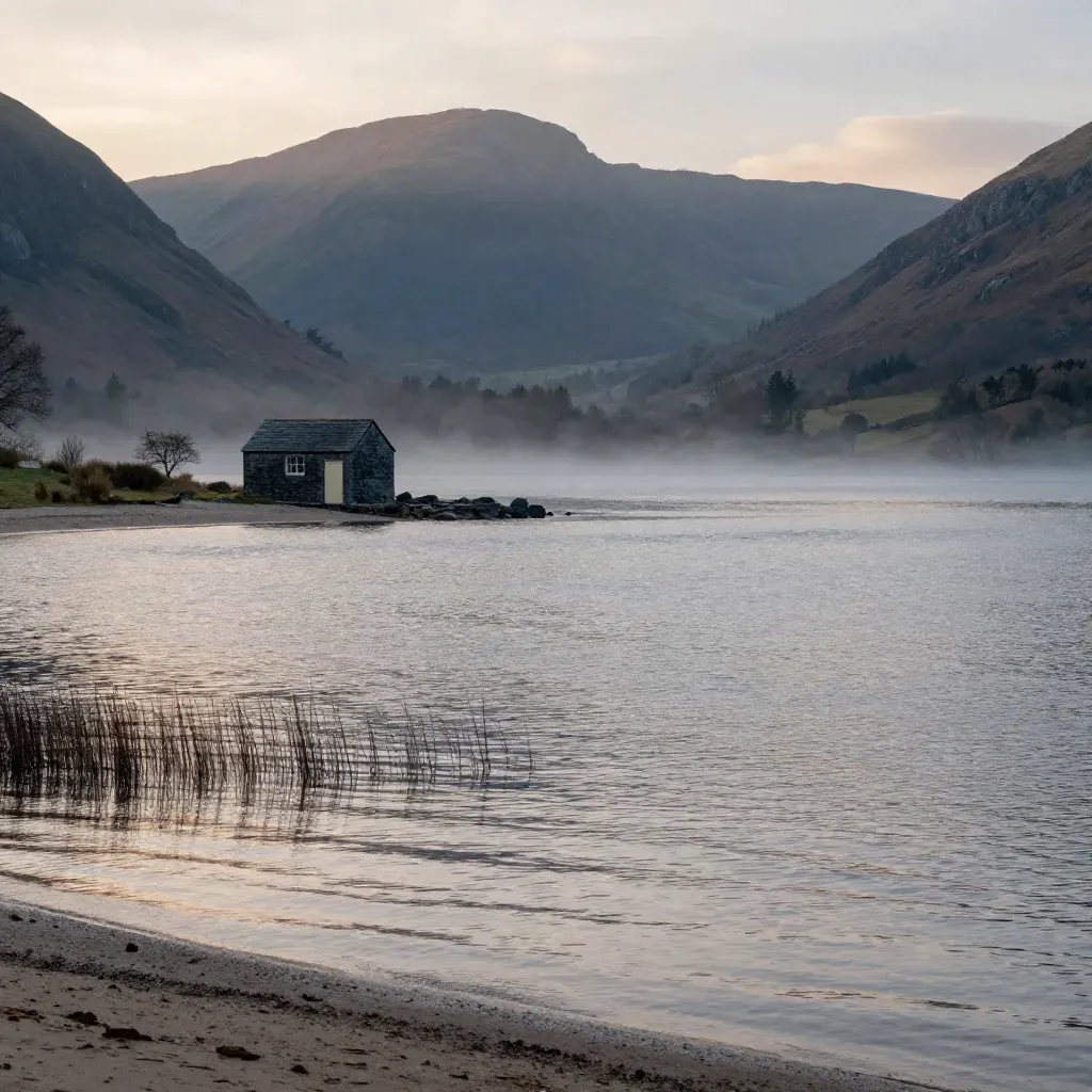 Lake District fells above a calm misty lake with a tiny slate boathouse on shore