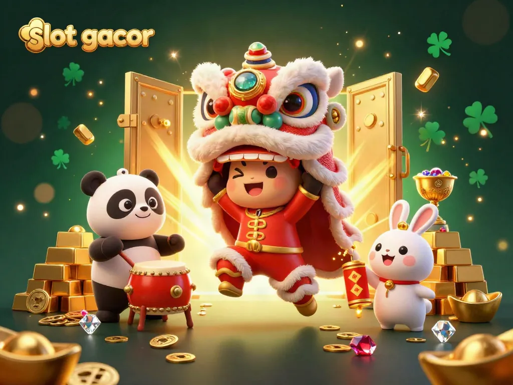 Exciting slot gacor scene featuring a lion dance, drumming panda, and golden treasures.