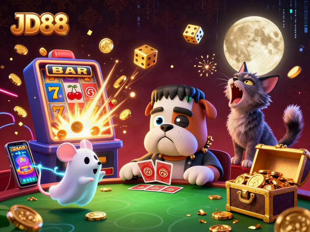 Engage in thrilling JD88 casino action with a cartoon bulldog dealer at a spooky table surrounded by rich gaming elements.
