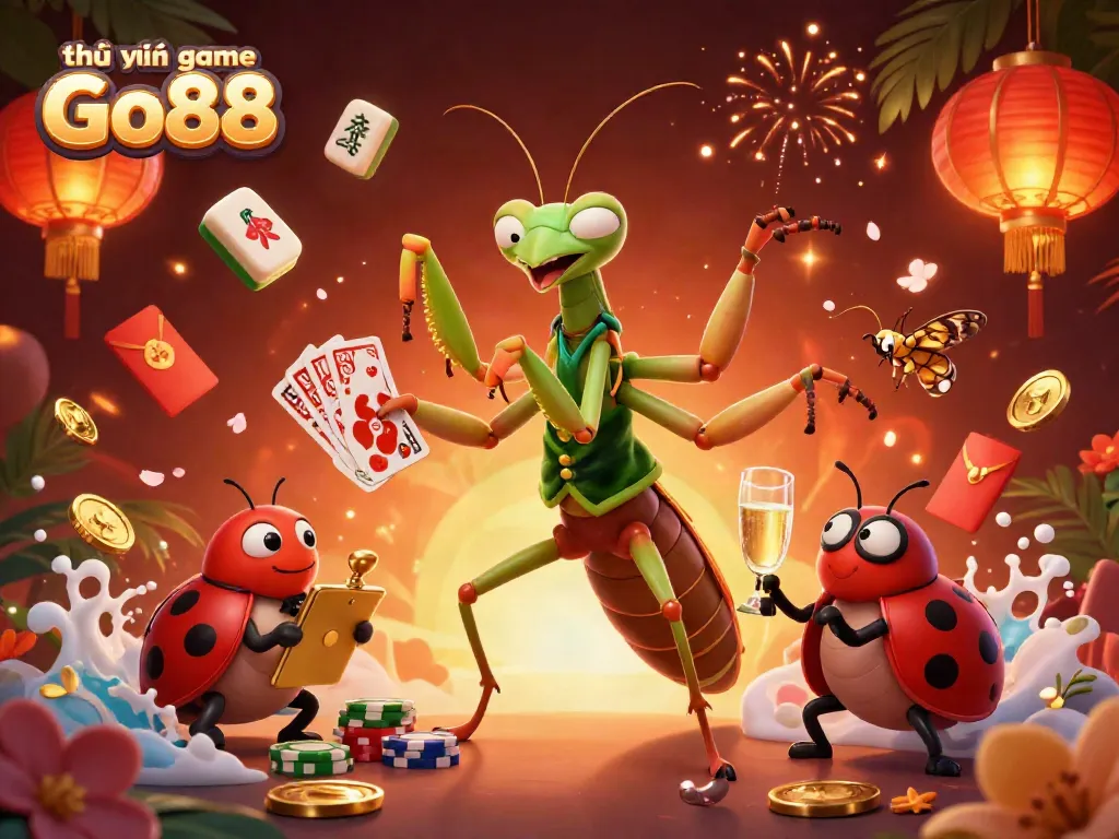 Engaging scene of thư viện game Go88 with a giant mantis and ladybug in a vibrant casino setting.