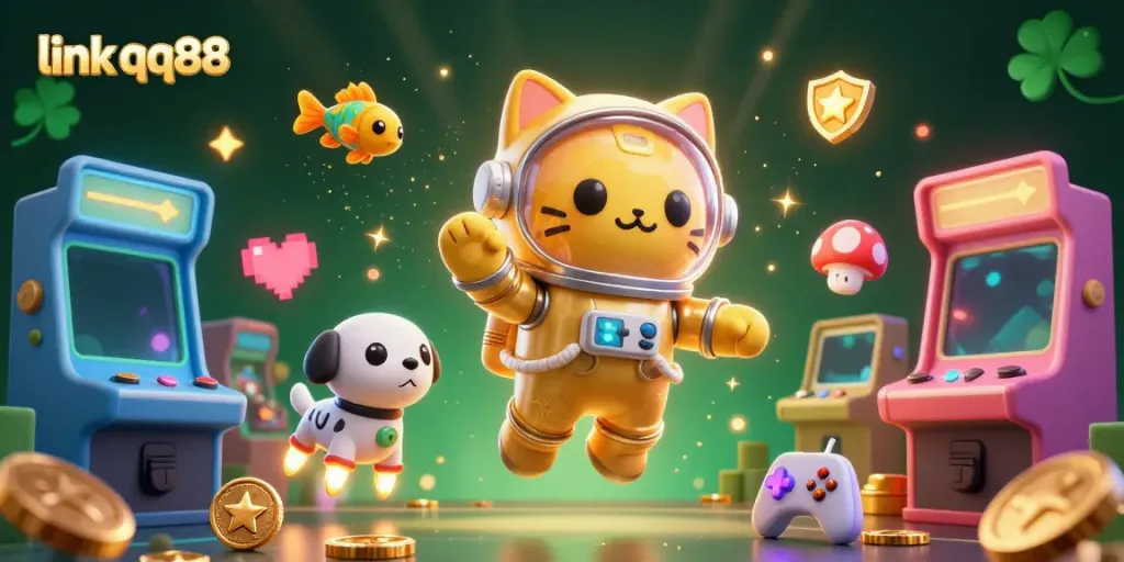 Engage in thrilling adventures with link qq88 in this vibrant 3D casino scene showcasing astronaut-themed characters and colorful gaming elements.