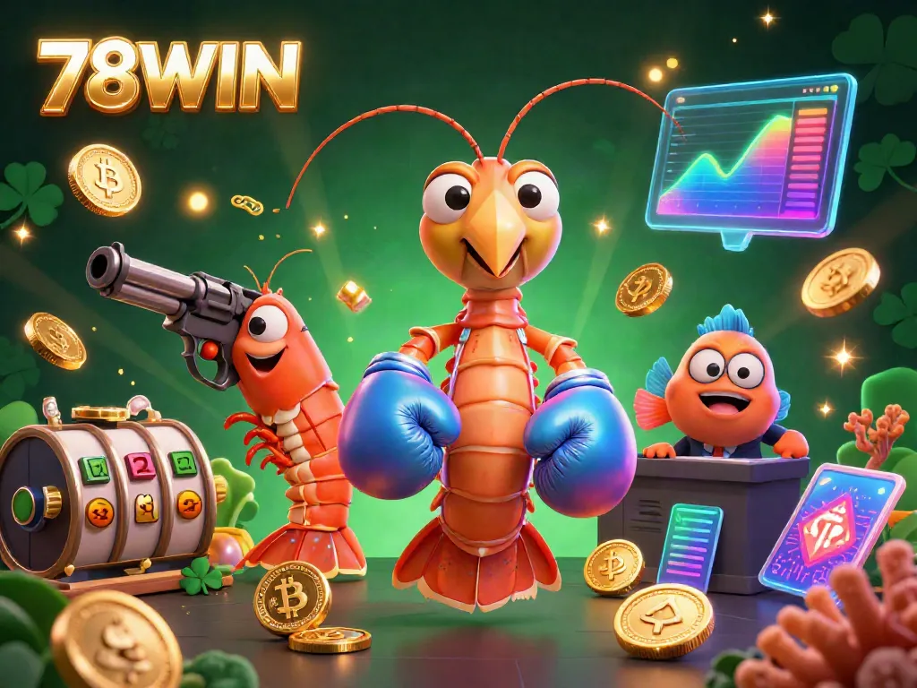 Experience the thrill of gaming with 78WIN's vibrant 3D illustration of a mantis shrimp and its allies in an electrifying casino scene.