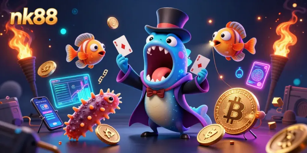 Win with nk88 in an engaging scene featuring dazzling casino characters and vibrant game elements.