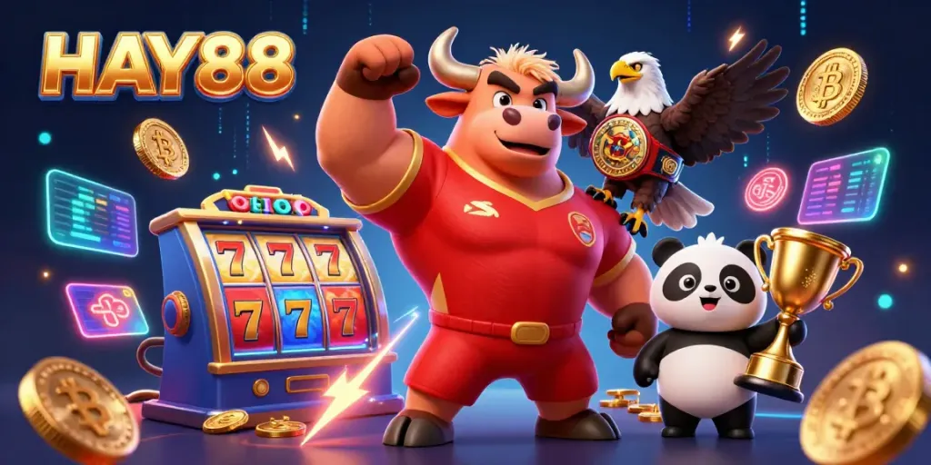 Engage with HAY88 in a thrilling online casino scene featuring vibrant characters, slot elements, and crypto coins.