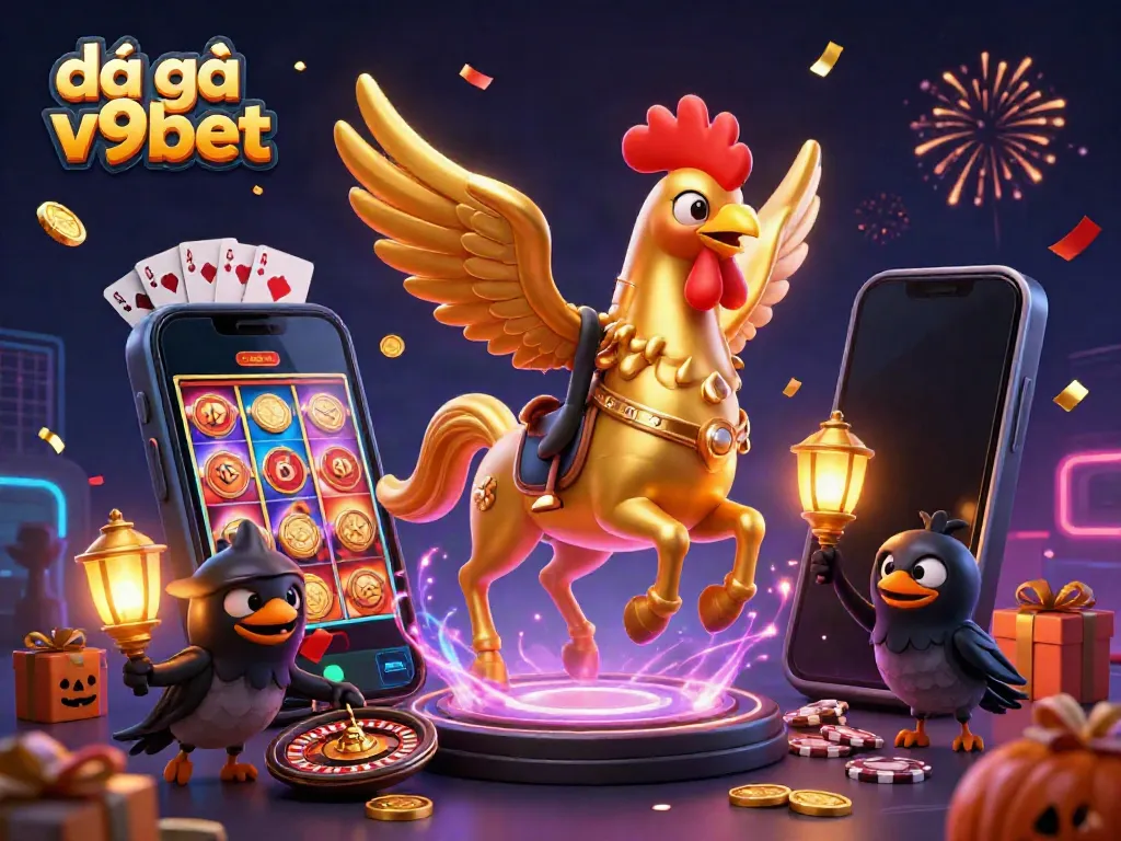 Engage in exciting đá gà v9bet action with a vibrant 3D illustration featuring golden roosters in a casino