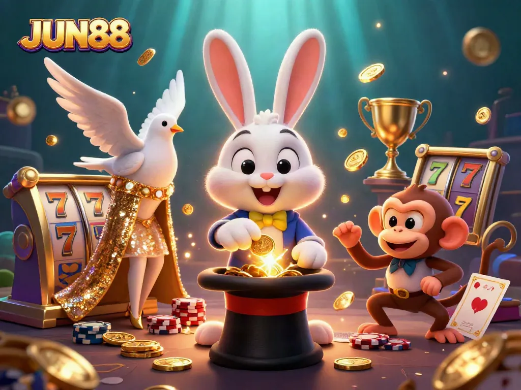 Experience excitement with JUN88 as a magician rabbit conjures coins in a vibrant casino scene.