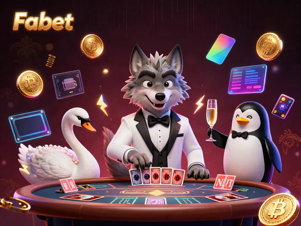 Experience thrilling baccarat at Fabet featuring a debonair wolf dealer, elegant swan, and sophisticated penguin sommelier.