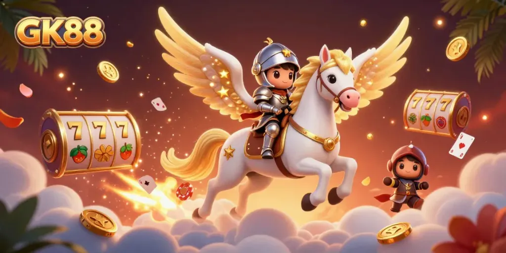 Experience the thrill with GK88 as a celestial horse and knight navigate a vibrant casino.