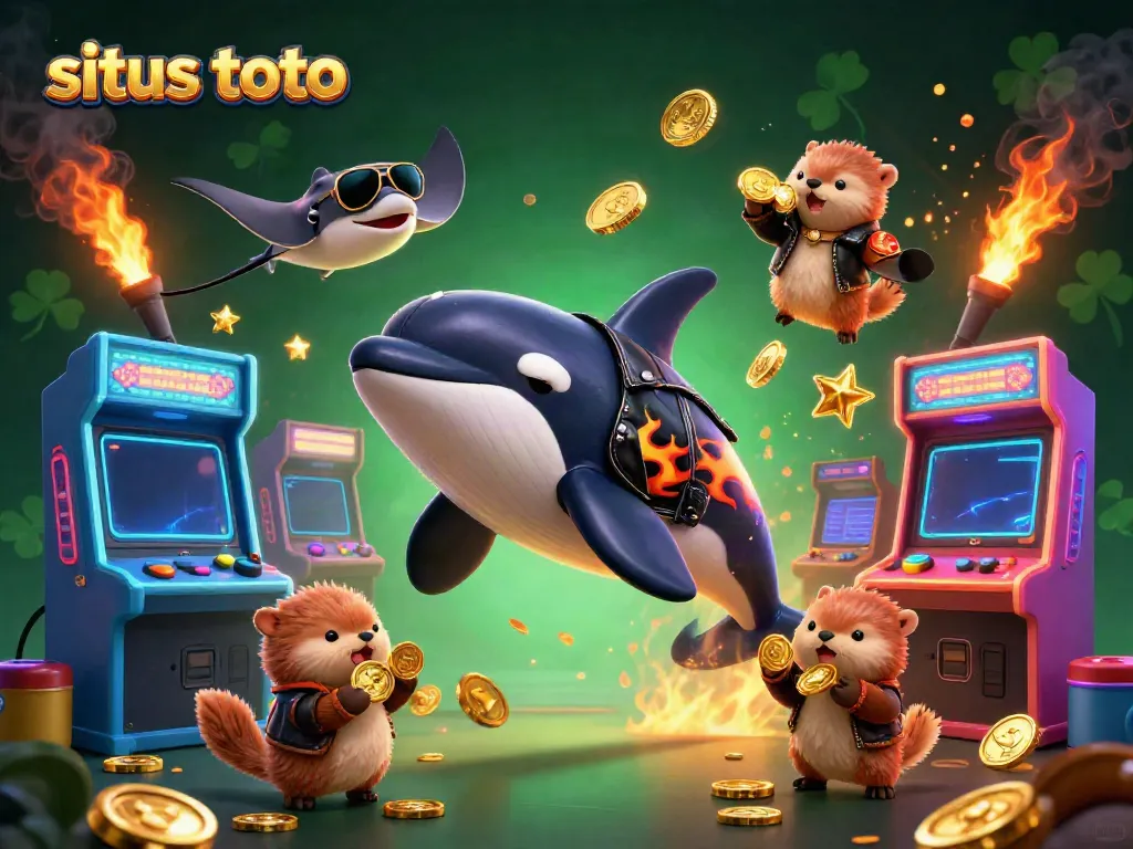 Engage with situs toto in a vibrant scene featuring an orca, stingray, and otters in a virtual casino.
