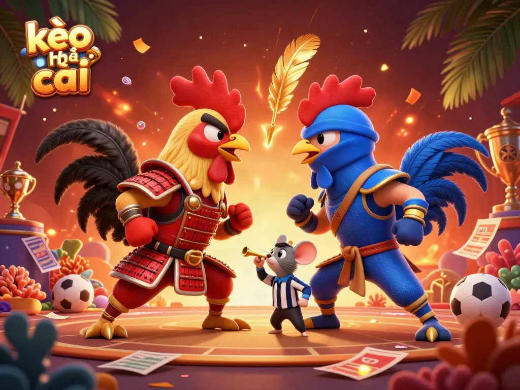 Experience intense sports betting action with kèo nhà cái featuring dynamic rooster fighters and vibrant game elements.