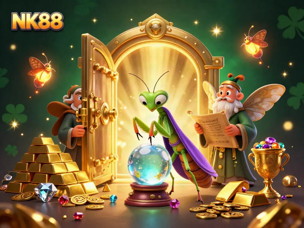Experience thrilling fortune-telling and treasure hunting with NK88 in this vibrant casino-themed scene.