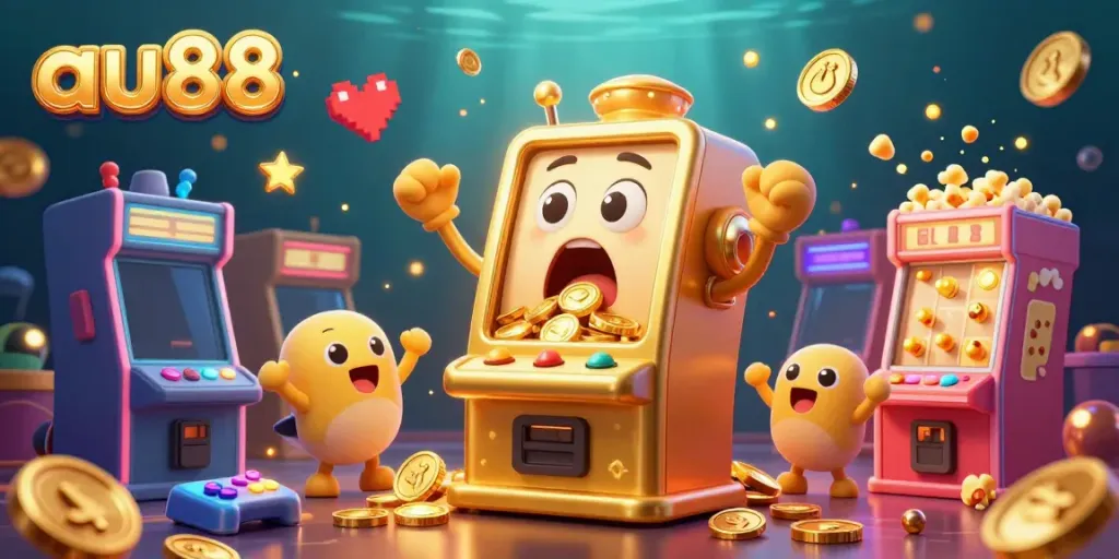 Au88 slot machine wins big as coins pour out in a vibrant casino scene filled with excitement.