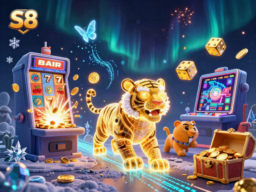 S8 unlocks jackpots in a dazzling casino scene with a radiant golden tiger and slot machine elements.