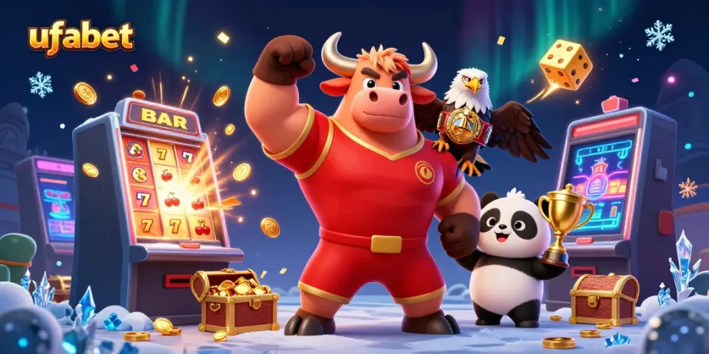 Experience the excitement of ufabet games with a 3D bull mascot, eagle, and panda celebrating a jackpot.