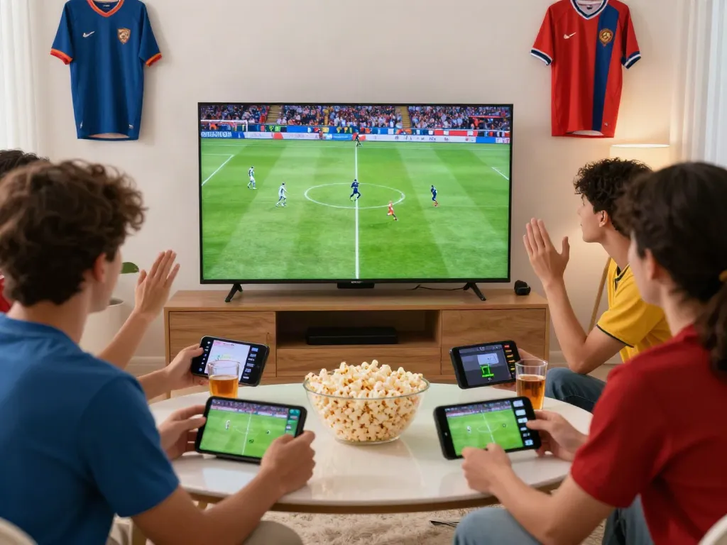 Socolive fans enjoying a live soccer match in a vibrant living room.