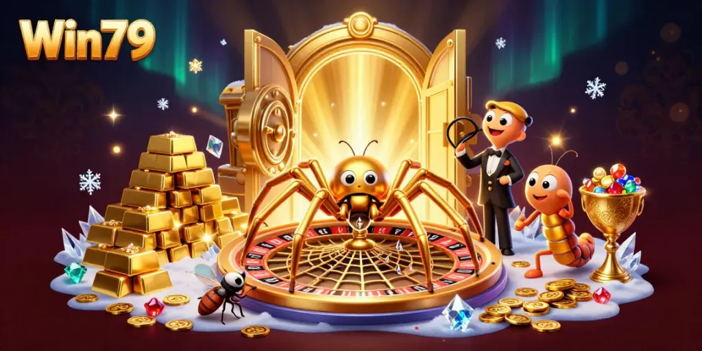 Win79 players enjoy a dynamic casino scene with a spider croupier and rich treasures.