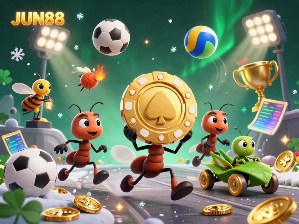 Experience the dynamic action of JUN88 as cartoon ants execute a casino heist with golden poker chips and vibrant sports elements.