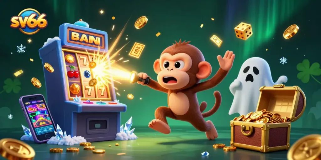 Experience sv66 excitement with a golden-juggling monkey and ghost-hunter puppy in a rich casino scene.