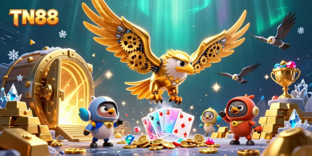 Engage in thrilling casino action with TN88's illustrated cybernetic golden eagle and holographic cards.
