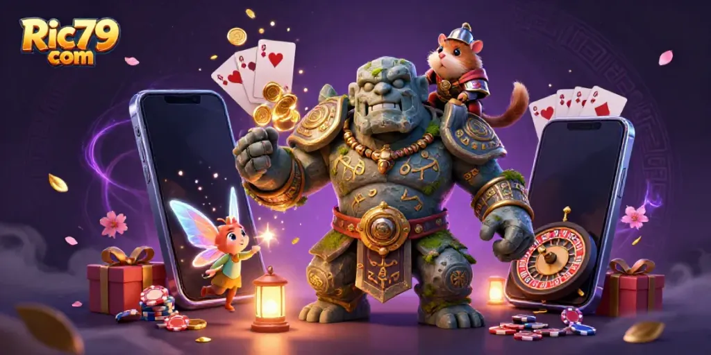 Engage in thrilling gameplay with Ric79 com's vivid 3D illustration showcasing dynamic casino elements.