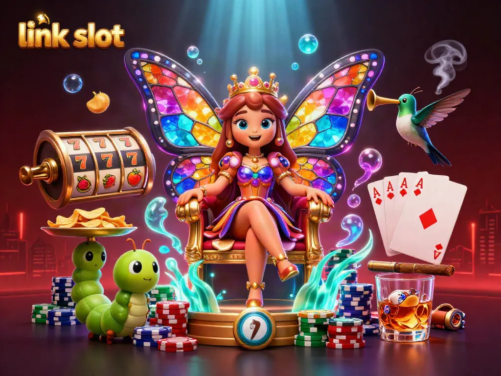 Engage with thrilling link slot games amidst vibrant characters and casino elements.