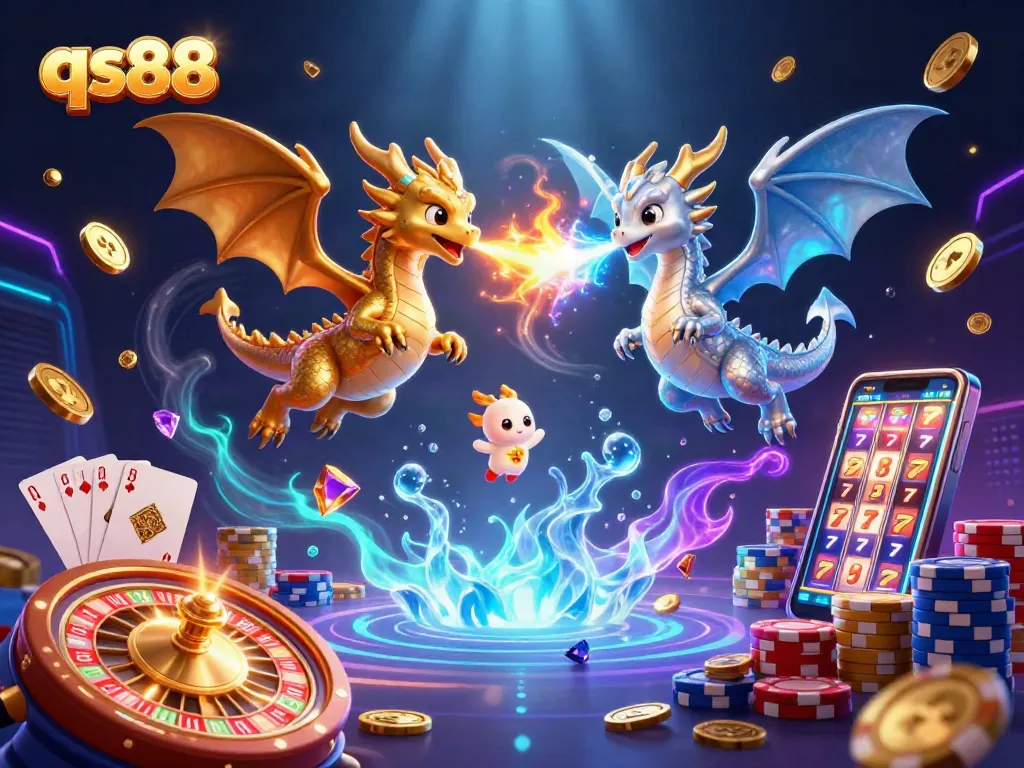 Experience thrilling betting adventures with qs88 as gold and silver dragons spiral through a rich casino scene.