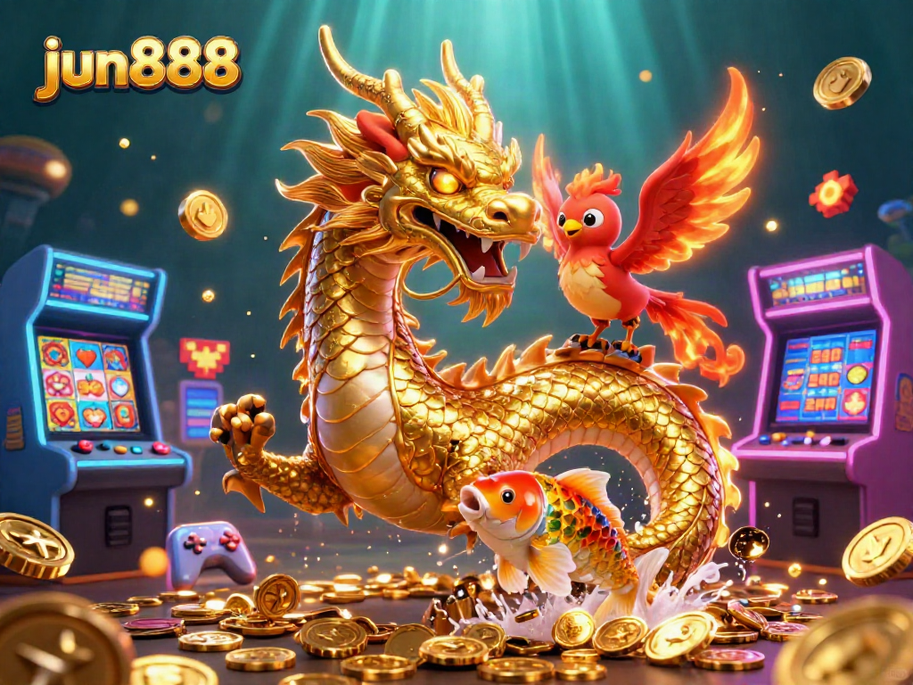 Experience dynamic gameplay with jun888 featuring a dragon and phoenix amid vibrant slot machines.
