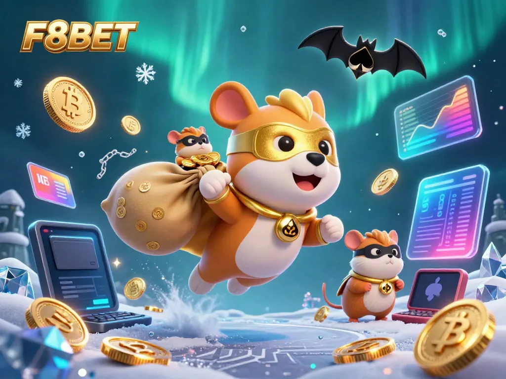 Engage in thrilling gameplay at F8BET with a 3D cartoon superhero dog and hamster amidst vibrant casino elements.