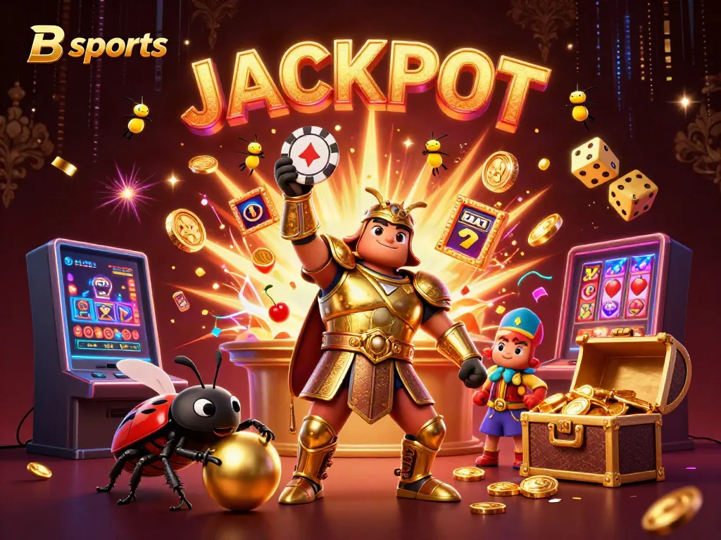 B sports themed illustration featuring cartoon beetles celebrating a jackpot with vibrant casino elements.