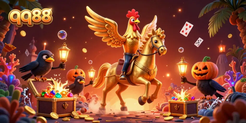Experience big wins with qq88 in a vibrant casino, featuring a golden rooster and treasure-filled underwater world.