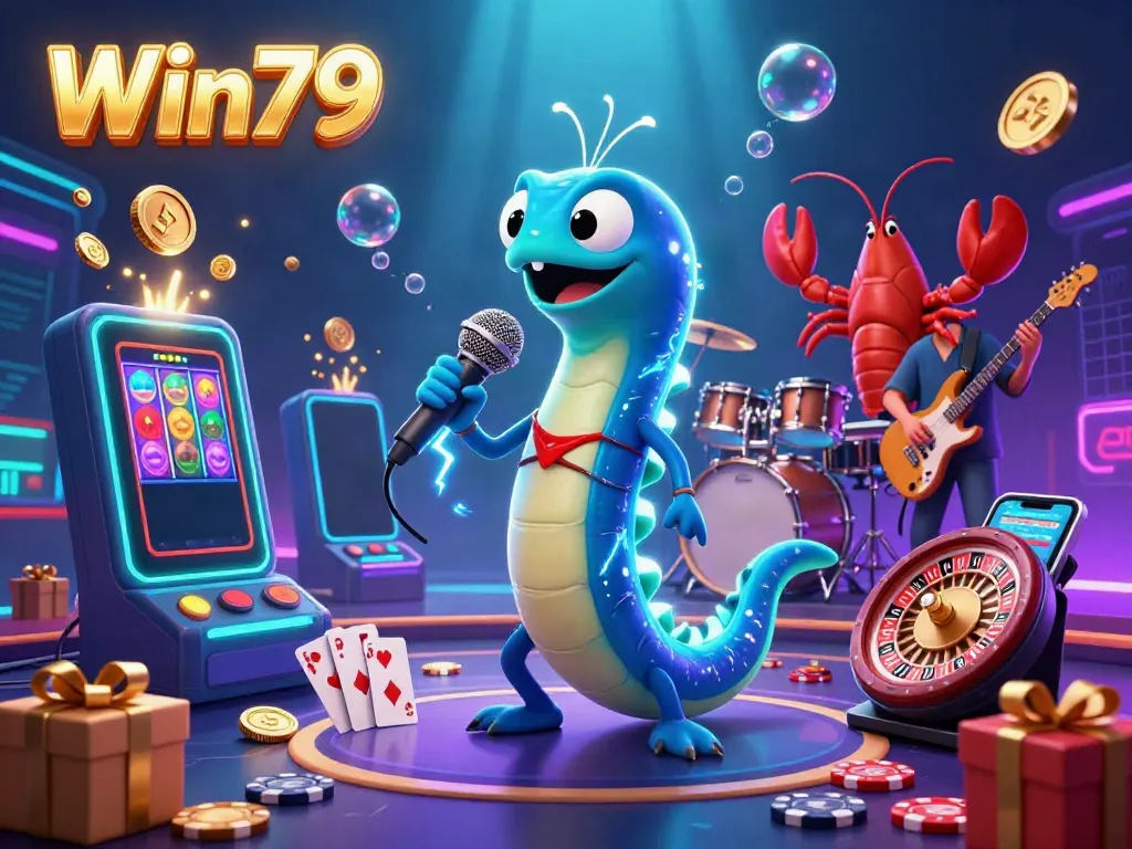 Win79's underwater casino comes alive with a DJ electric eel, lobster drummer, and seahorse guitarist amid vibrant gaming elements.
