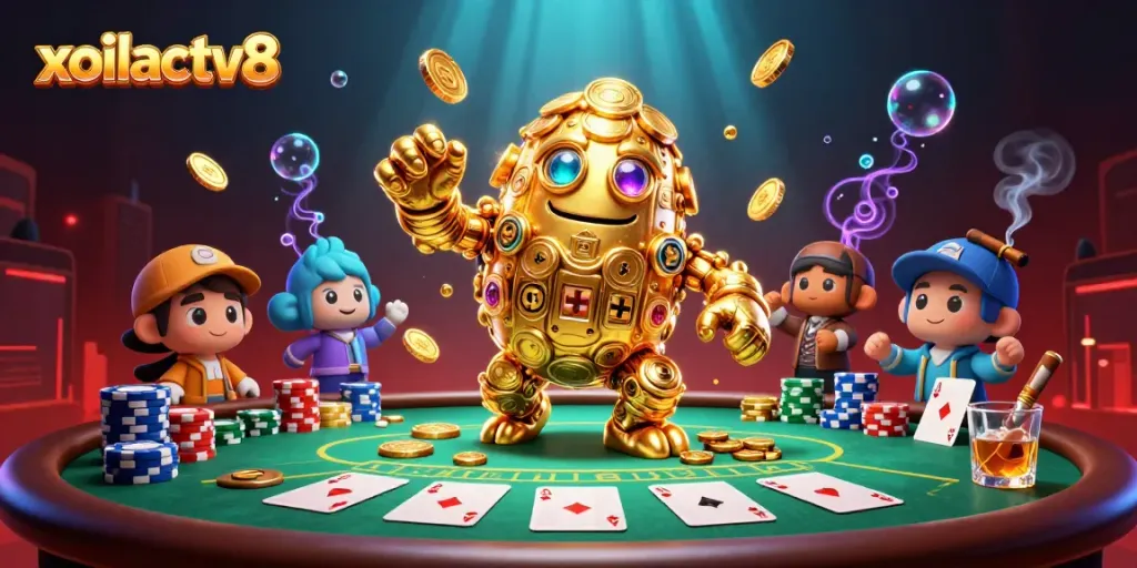 Engage with the dynamic world of xoilactv8 featuring a golden golem and poker elements.