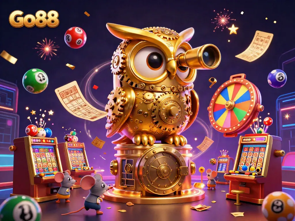 Experience the excitement of Go88 with vibrant gaming elements and dynamic characters in this 3D casino illustration.