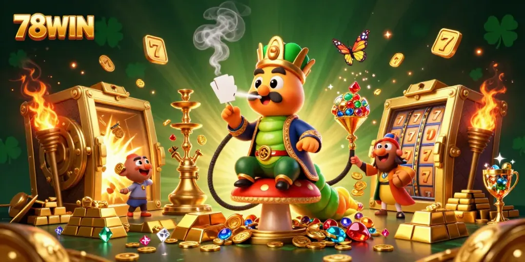 Engage with 78WIN's exciting casino atmosphere featuring a caterpillar master of luck and golden treasures.