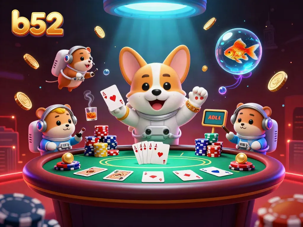 B52 players experience an immersive casino adventure with floating chips, poker scenes, and vibrant atmosphere.