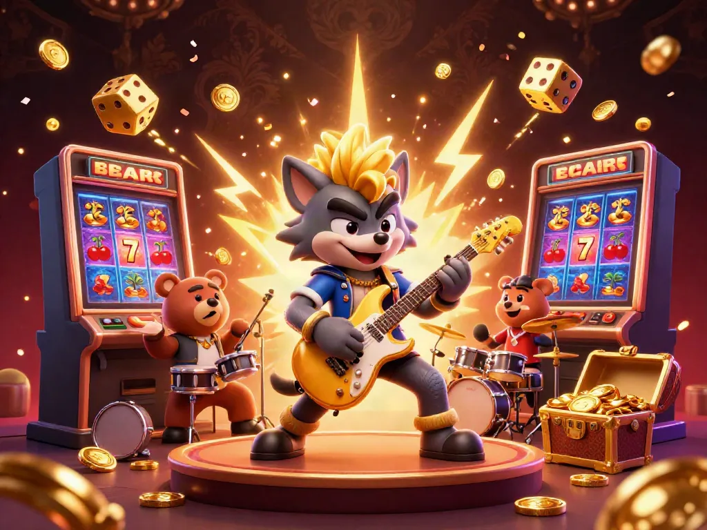 Wolf rock star performing on stage while celebrating jackpots at bay789 casino.