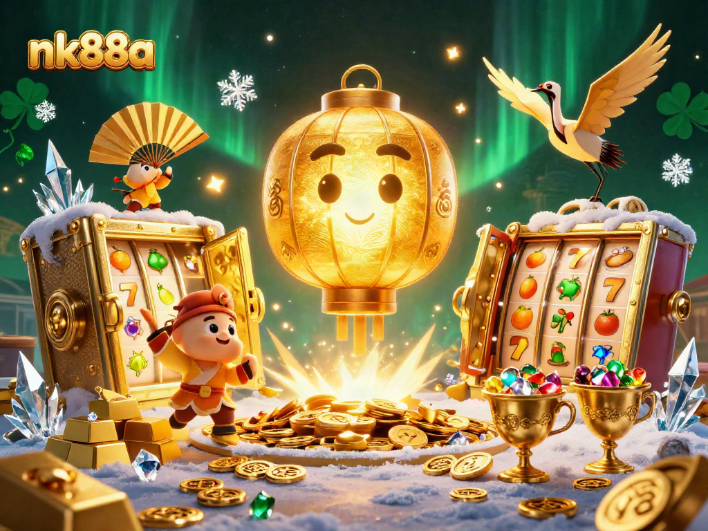 Experience nk88a’s vibrant casino scene with golden lanterns and slot reels bursting with wealth