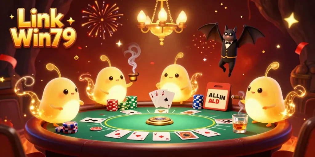 Experience the thrill of Link Win79 with glowworms illuminating a vibrant casino scene filled with poker action.